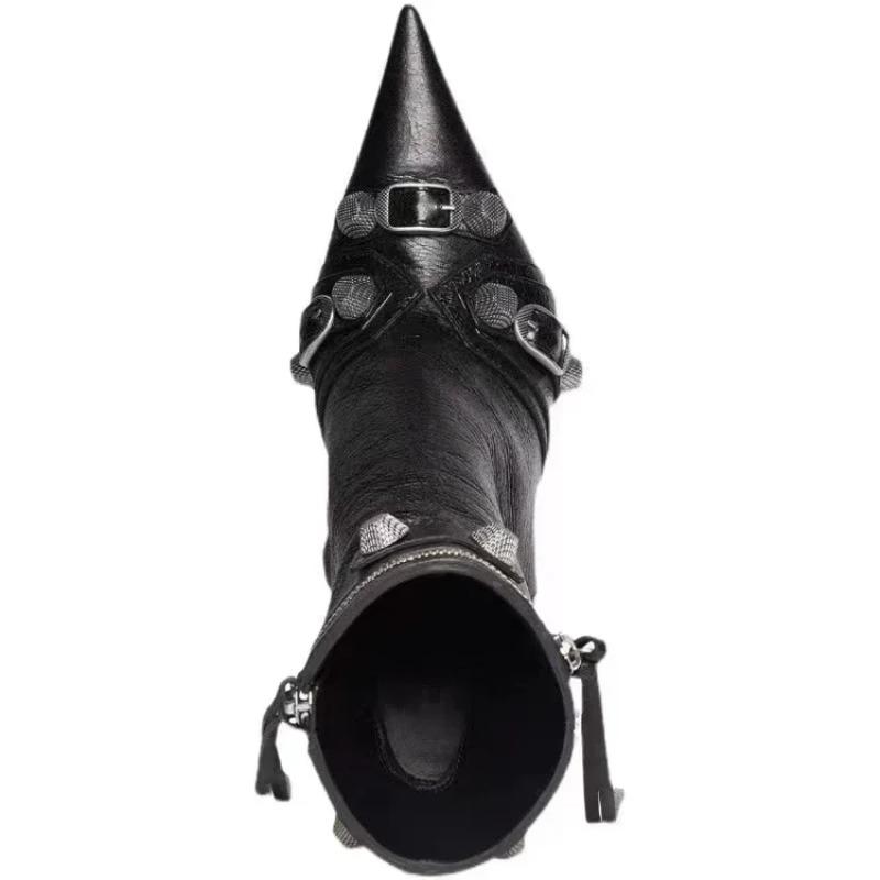 Soleist High Thin Heeled Ankle Boots for Women Metal Decor Rivet Fringed Zip Ppinted Toed Motorcycle Lady Booties Women Shoes