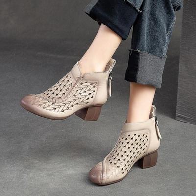 Hollow Out Boots Round Toe Breathable Back Zipper Genuine Leather Sandals Retro Mid Heel Women's Shoes