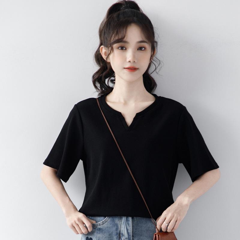 Summer Solid Color Casual Versatile Short Sleeve Women's Loose Style V-Neck T-shirt Commuter Top Fashion Women's Wear