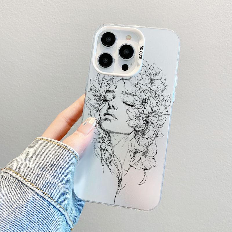 Beautiful Flower Girl Line Design Durable Laser Phone Case For iPhone 13 Mini 12 11 Pro Max 17 16 15 14 Pro Max Plus Back Covers