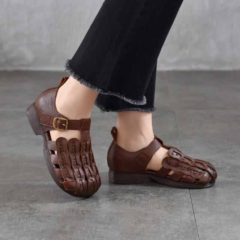 Johnature Genuine Leather Round Toe Soft Soled Sandals Hollow Out Breathable Low Heel Women's Shoes
