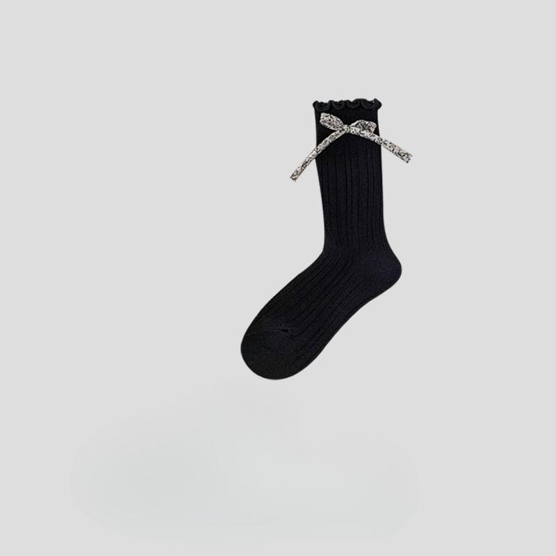 

Grey Bow Socks for Women s Spring, Autumn and Summer Mid-calf Socks with Lace Pile Socks and Small Leather Shoes 1 pair чёрный