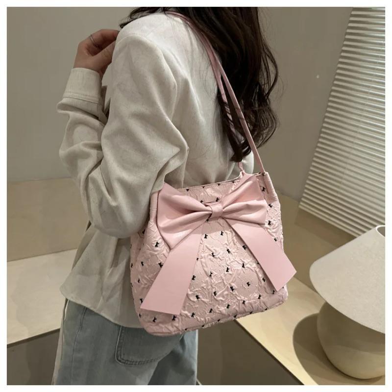 Sweet Pleated Bow Polka Dot Shoulder Bags for Women Large Capacity Ladies Casual Tote Versatile Female Handbags Shopping Bag