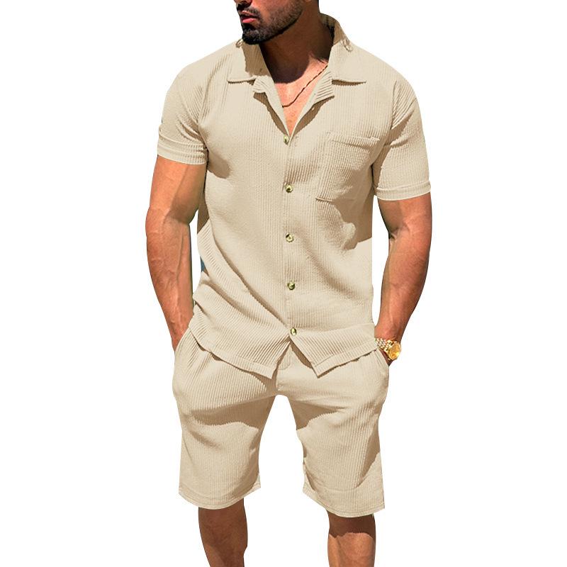 Herrkläder 2-delat set: Cardigan med slag och shorts - Enfärgad randig sommaroutfit