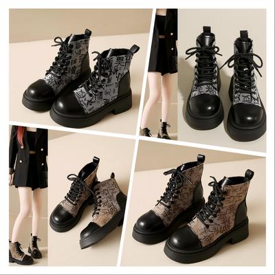 Autumn and Winter European and American Style Lace-up Comfortable Thick-soled Printed Fashion Short Boots