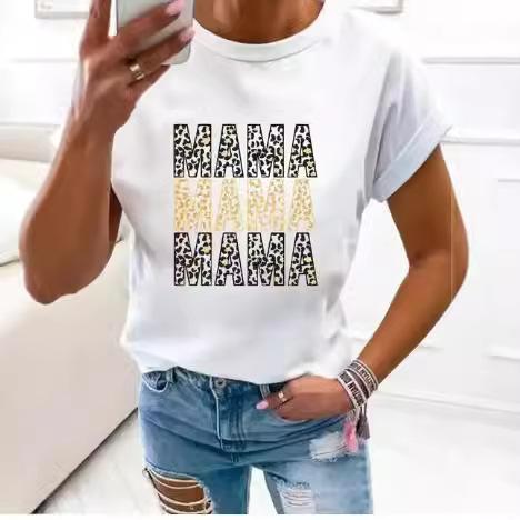 Large Size Women's Flower Mom Vintage Trend Clothing Printed T-Shirt Clothing Summer Basic Top Short Sleeves