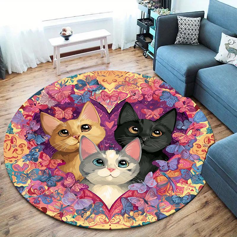 Cat and flowers Round Area Rug,Carpet Rug for Living Room Bedroom Sofa Playroom Decor,Non-slip Floor Mat 80cmx80cm