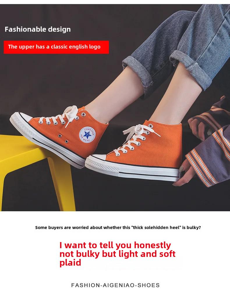 Tênis de lona feminino com salto alto de 6 cm - Primavera/Outono 2024, calçado casual de algodão estilo coreano de cano alto