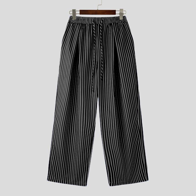 

INCERUN Мужские полосатые брюки с эластичной талией, повседневные длинные брюки с завязками L чёрный