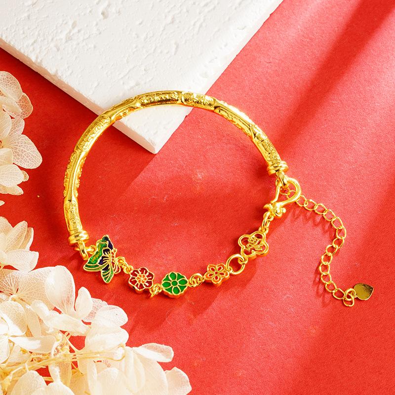 24K Pure Gold Butterfly Love Flower Bracelet with Retro Chinese Style, Light Luxury and Versatile Temperament