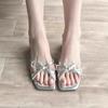 2025 new beautiful silver sandals thick heel bow square head back strap high heels summer temperament versatile sandals