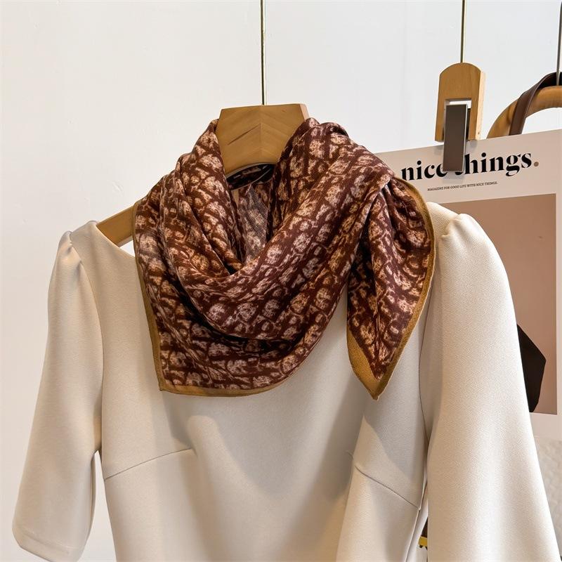 Summer thin silk scarf 71 medium square scarf blue letter high-end imitation silk wool scarf spring autumn and winter cotton and linen scarf women