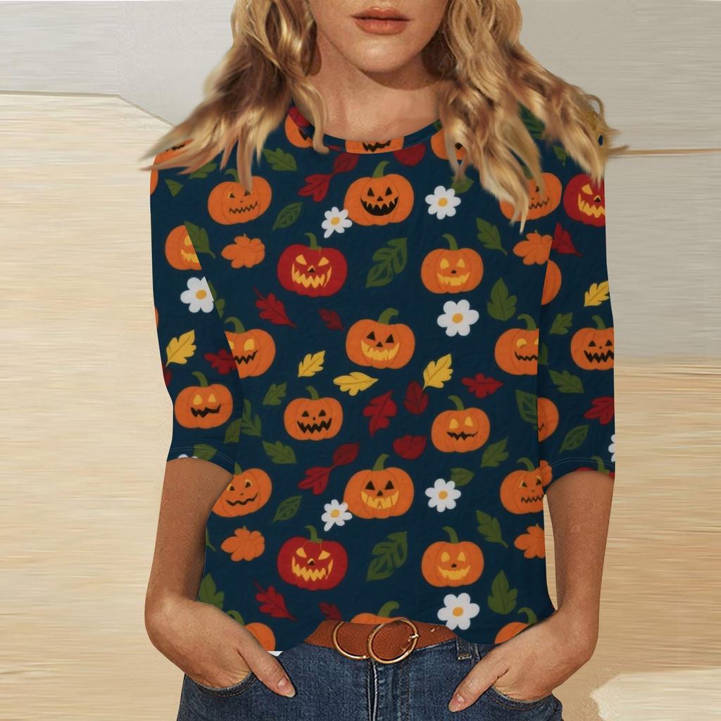 Women's Fashion Casual Three-quarter Sleeve Halloween Printed Round Neck Top