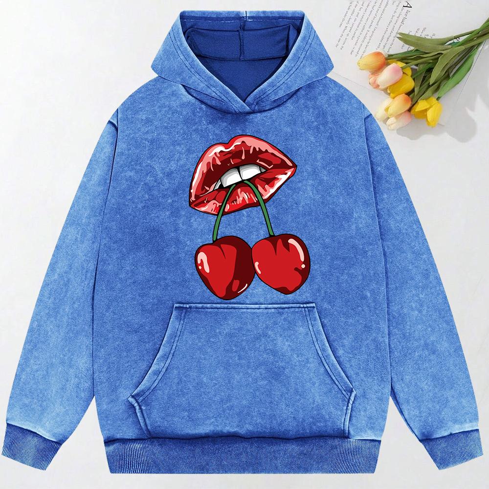 Cherries In The Mouth Printing Women Hoody Pocket Fashion Pullover Casual Oversized Hoodie Comfortable Cotton Sweatshirt