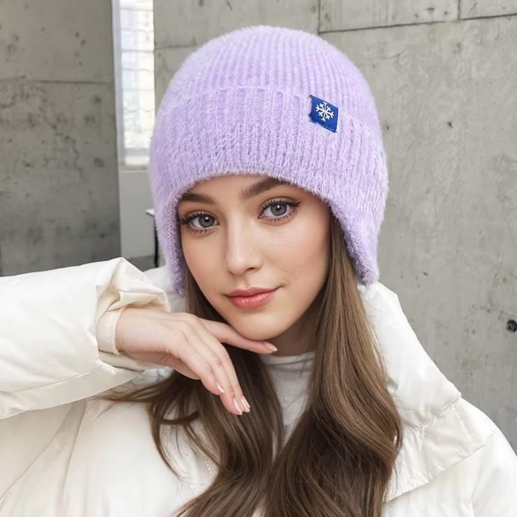 New Women Candy Colors Earflap Winter Hat Fashion Faux Fur Knitted Hat Kpop Style Soft Beanie Hats Female Streetwear Cap