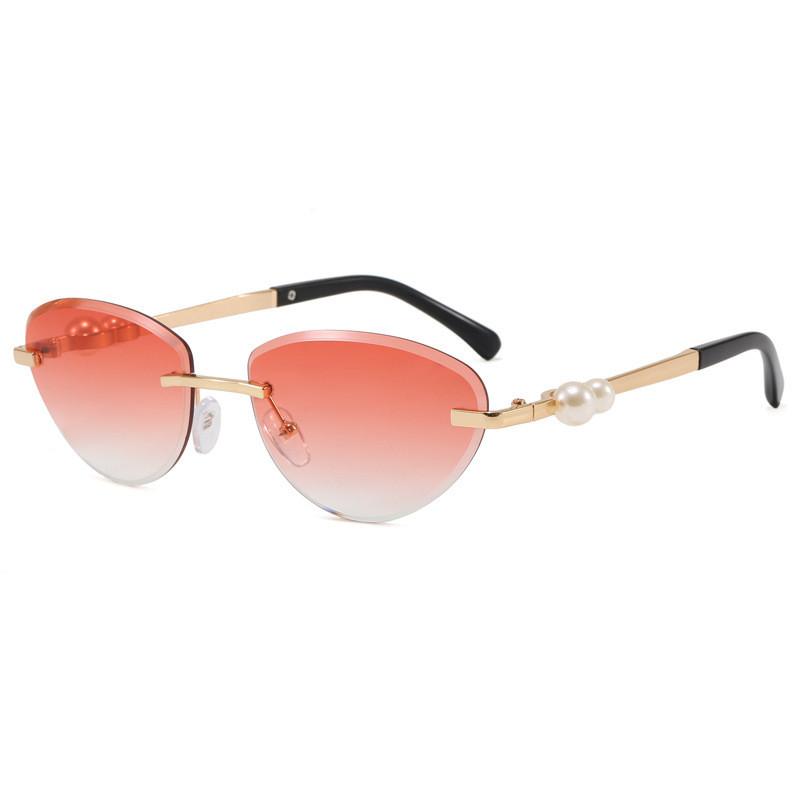 Pearl Metal Frameless Cat Eye Sunglasses With Uv400 Protection For Fashion Outdoor Travel