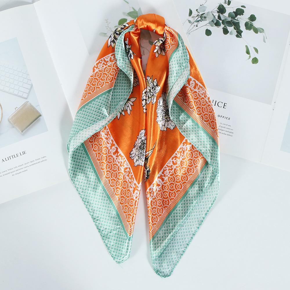 Stewardess Silk Scarf Floral Print 60Cm Small Square Scarf Satin Imitation Silk Scarf Decorative Scarf Neck Protection Scarf