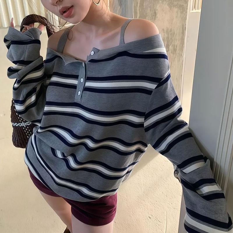 Moda Jerseys de Punto con Hombros Descubiertos y Cuello Asimétrico Ropa Femenina Colores Contrastantes Rayados Otoño Coreano Vintage Botón Sueltos Camisetas