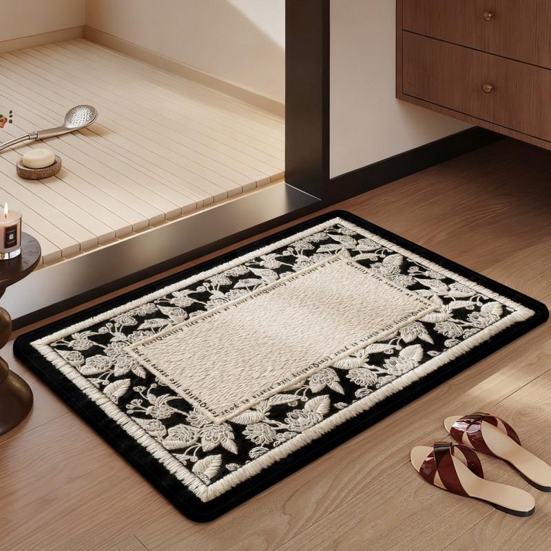 Luxury Bath Mat Anti-Slip Absorbent Floor Bathroom Kitchen Entryway Linen-Like Machine-Woven With Rubber Backing