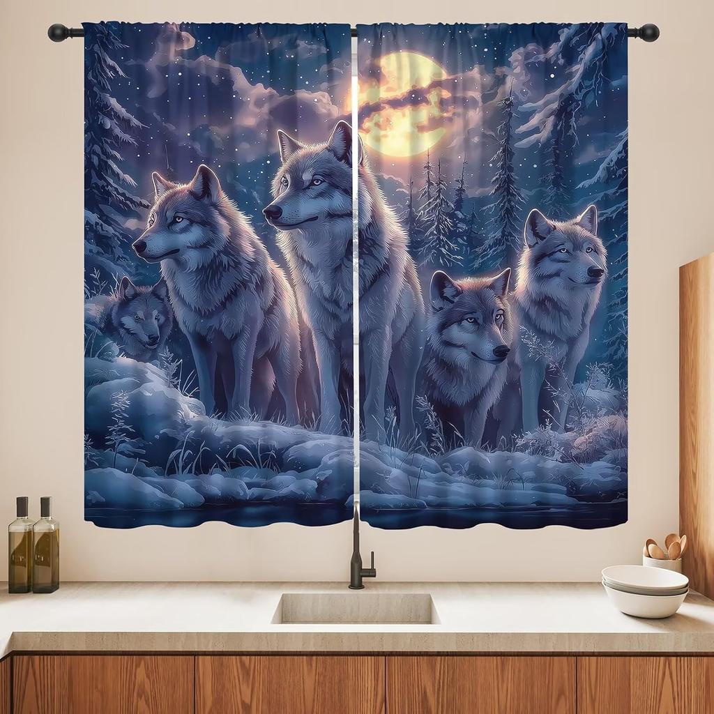 Blackout Wolf Curtains Retro Nature Wildlife Drapes Aurora Forest Wolves Animal Pattern Window Treatments Curtain Living Made Of Polyester Washable