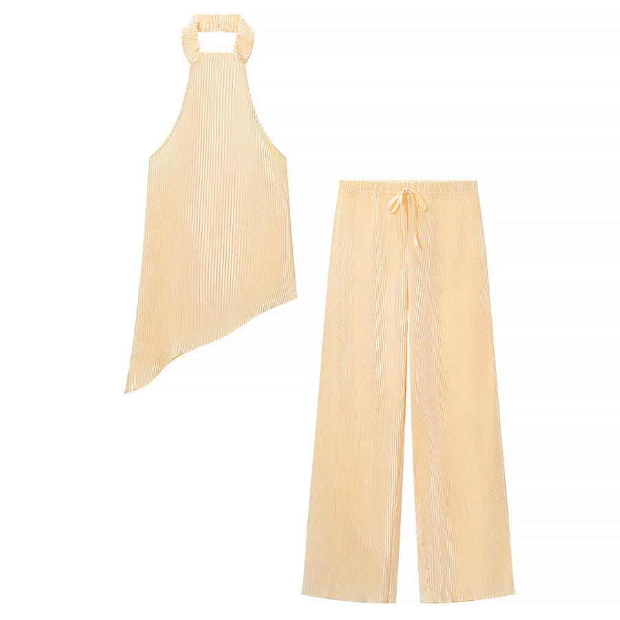 Cross-border women s clothing wholesale European and American design asymmetrical neck collar top + high waist silk satin texture pleated pants set S