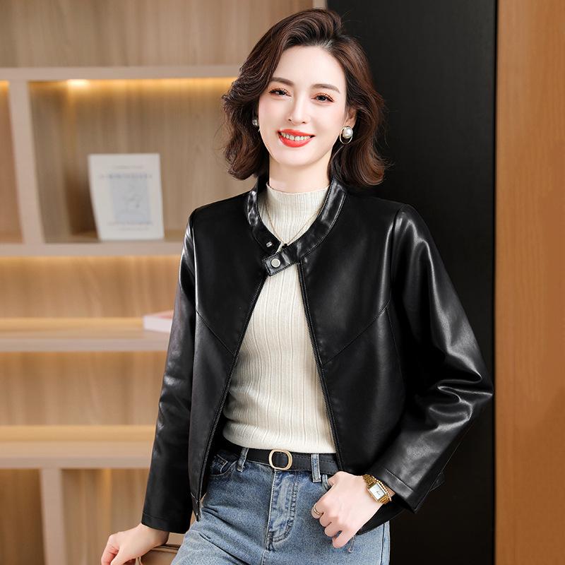 Stylish Women's PU Leather Stand-Collar Jacket, 2025 Plus Size Slimming Biker Style for Spring/Autumn.