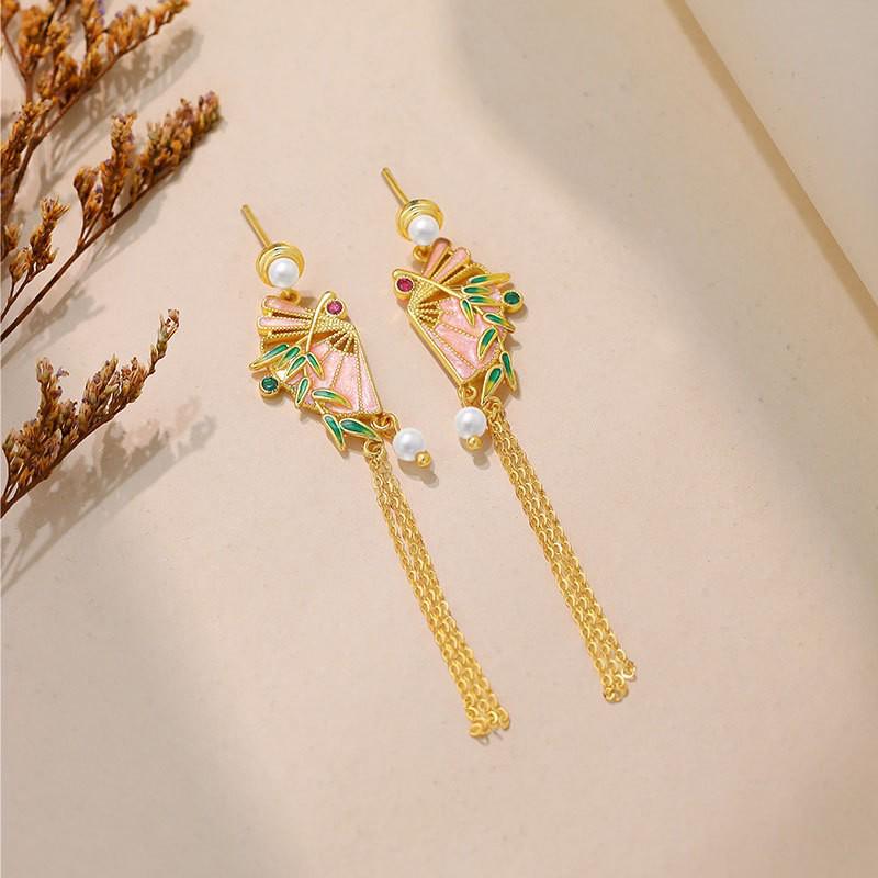 Winter Retro Fan Tassel Earrings: 925 Silver, Enamel & Pearl Ornaments