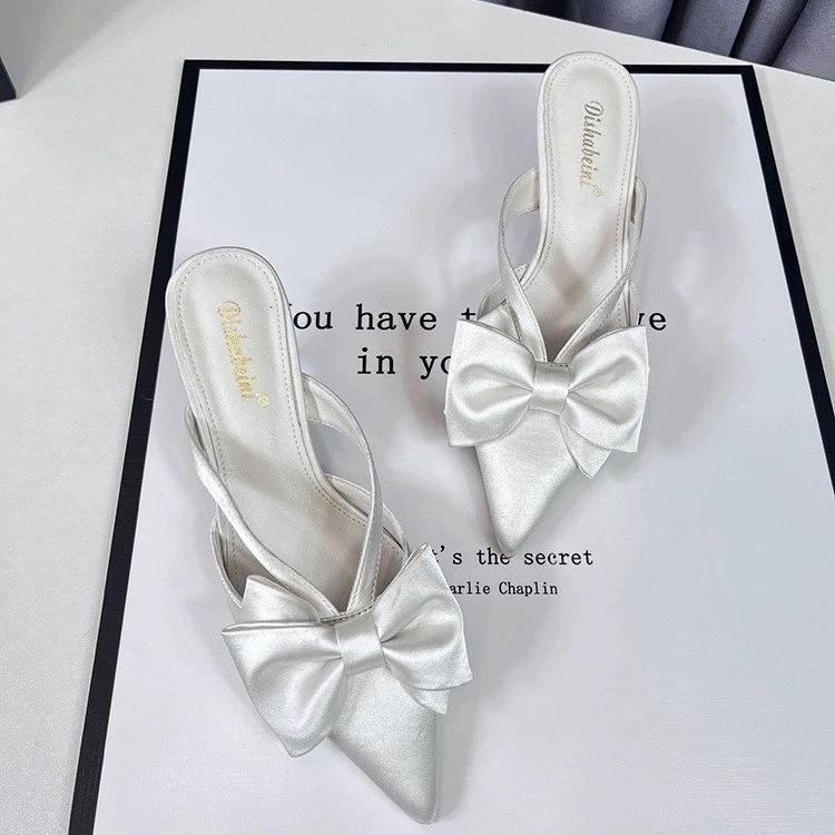 Bow Bag Head Half Slippers Women's 2025 Summer New Satin-faced Stiletto Slippers Pointed Stiletto Empty Slippers