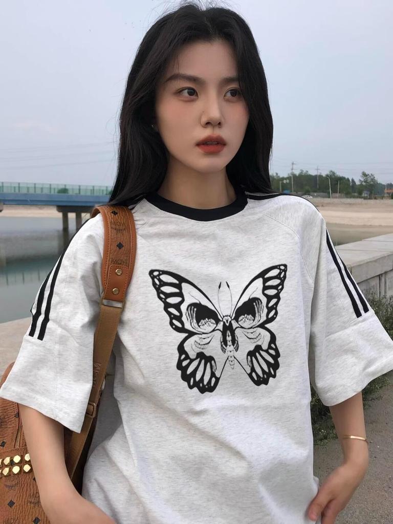 2025 Summer American Striped Loose Fit Women's Cotton Half-Sleeve T-Shirt