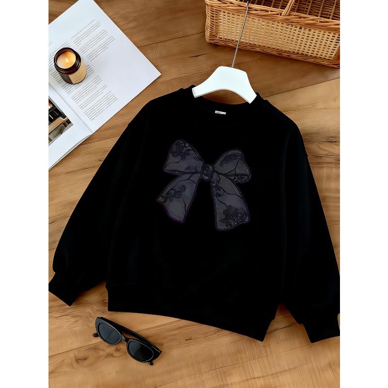 Kids Crewneck Sweatshirt, Cute Black Lace Bow Print 110 чёрный