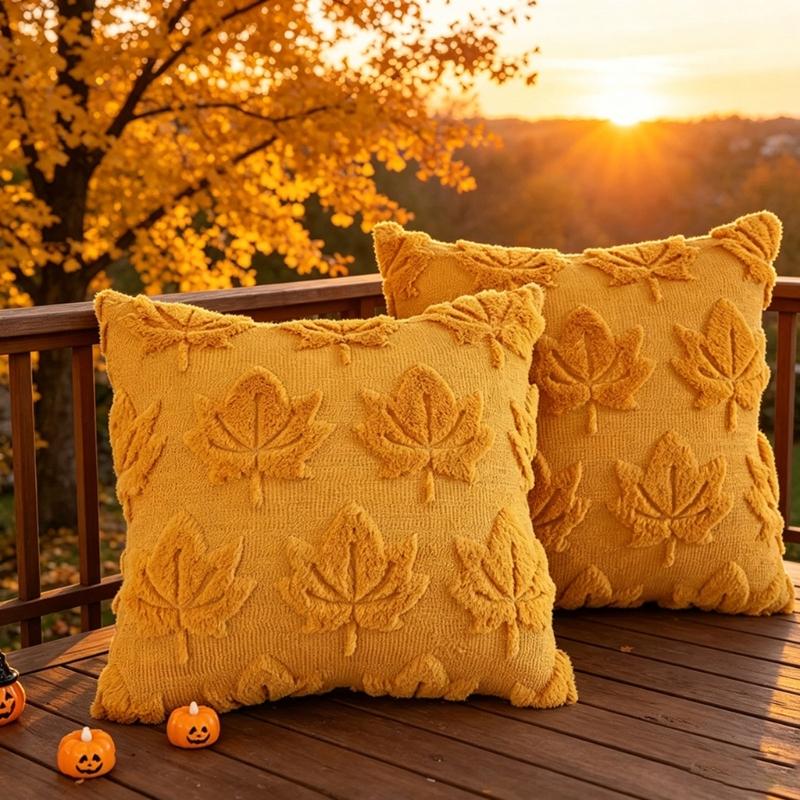 Fall Pillow Cover 45 x 45 cm Tufted Leaf Pattern Polyester Pillow Case, 1 Pack for Living Room Sofa Styling Use