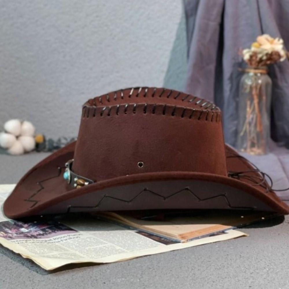 Wide Brim Fedora Hat Leather Belt Sun Hat Travel Western Cowboy Hat  Camping