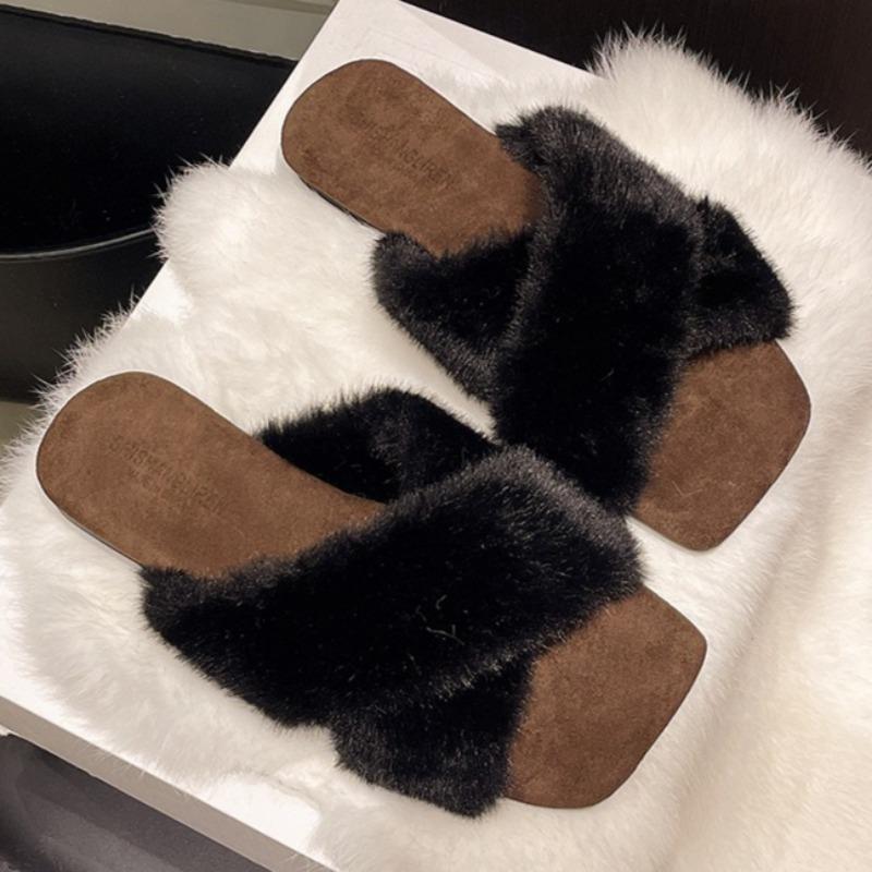 Fashion Square Toe Women Flats Fur Slippers Designer Elegant Shoes 2025 Winter New Flip Flops Fashion Casual Sandals Dress Zapatos Mujer