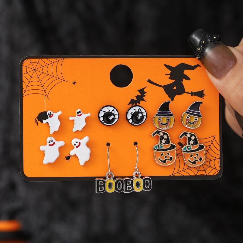 Hot Sale Halloween Stud Earrings Combination Cartoon Funny Pumpkin Head Ghost Bat Element Stud Earrings Set