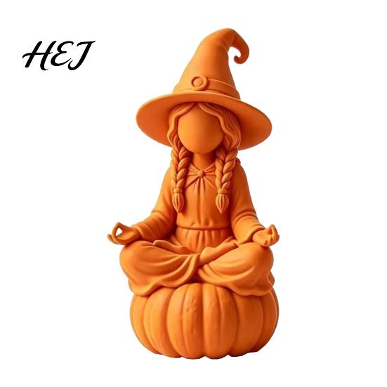 Unfinished Craft Ornaments 3D Printed Meditating Witch Figurine on Pumpkin Base, Minimalist Indoor Autumn Window Displays Halloween Desktop