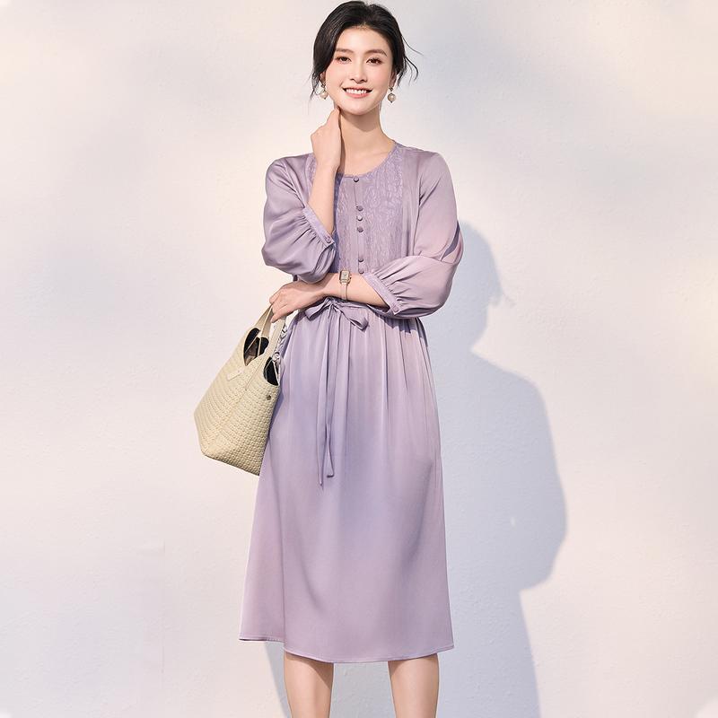 [Double Qiao Crown Le Crepe Splicing] Spring and Summer New Round Neck Medium length Shoulder Concealed Waist for Slimming Mulberry Silk Dress