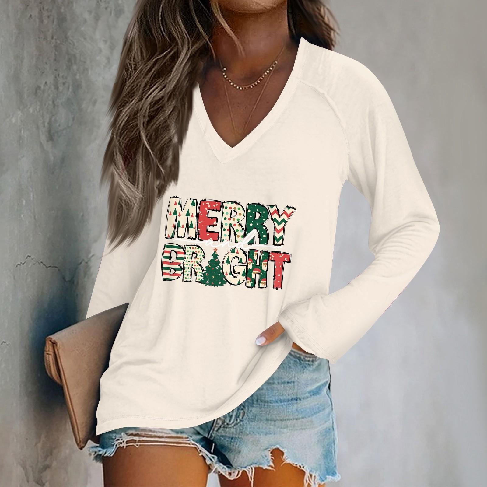 

Женская повседневная мода рождественский графический принт повседневный принт длинный рукав О-образный вырез пуловер топ блузка S верблюд