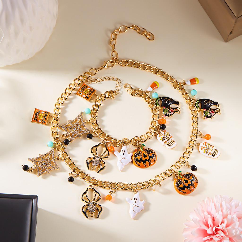 Halloween Pumpkin Ghost Spider Alloy Jewelry Set With Chain For Men Women