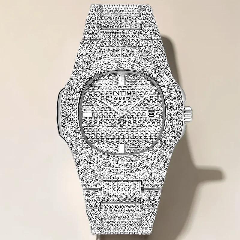 Luxury Quartz Watch For Men Automatic Date Hip Hop Full Iced Diamond Clock Fashion Watch Men Waterproof Square WristWatch