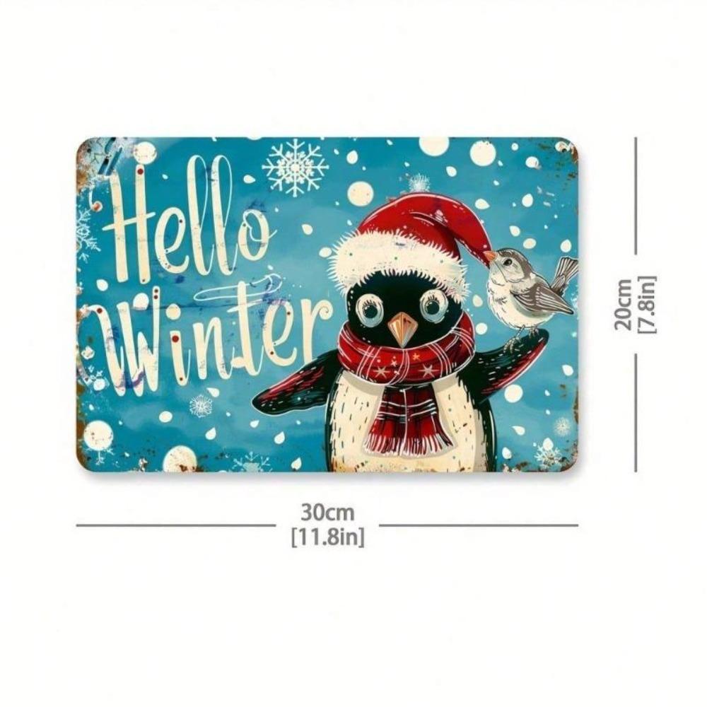Vintage Penguin Santa Hat Metal Tin Sign 12x8 inch Retro Blue Snowflake Hello Winter Wall Art Home Office Cafe Pub Garage Bar Man Cave Xmas Decoration