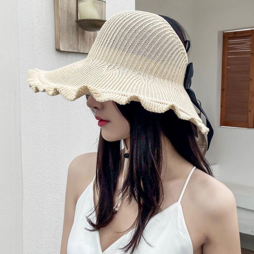 Summer Big Bows Ruffle Brim Cap Fordable Bucket Panama Caps New Knitted Free Top Sun Hat