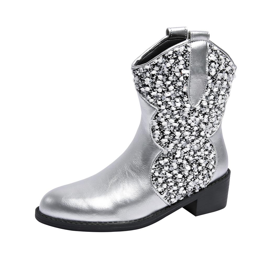 Women's Wide Width Glitter Leather Boots, Slip-On Comfort Martin Boots, Sparkly Casual Ankle Booties for Women