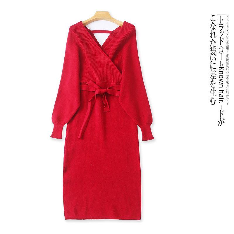 

Knitting Package Hip Sweater Dress Fall and Winter New Export Female Cross V-neck Bat Pullover Long Sleeves Tied High Waist 32296 Red A- 8-21-1 M