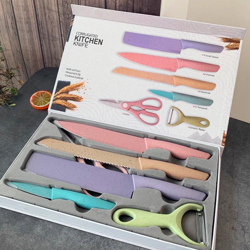 Kitchen Knife 6Pcs/Set High and Good Quality Corrugated Colorful Stainless Steel Chef Knife Bread Household Knife Cleaver Scissors Kitchen Bar