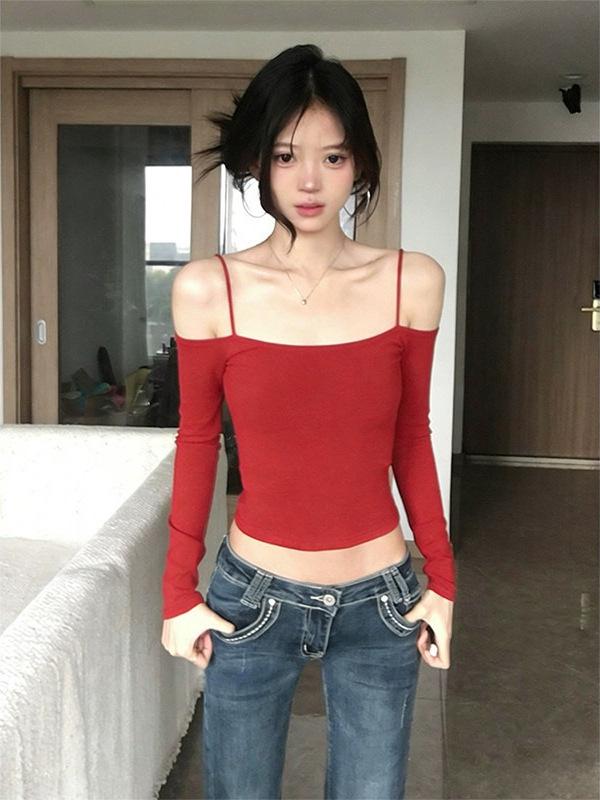 Red Off-Shoulder Long-Sleeve T-Shirt for Women - Christmas & New Year 2026 Edition