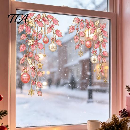 Holiday Glass Decals 2Pcs Christmas Window Clings, Static Sticker, Decal with Snowflakes Lantern Winter Wonderland Decor and Balls Patterns, Removable