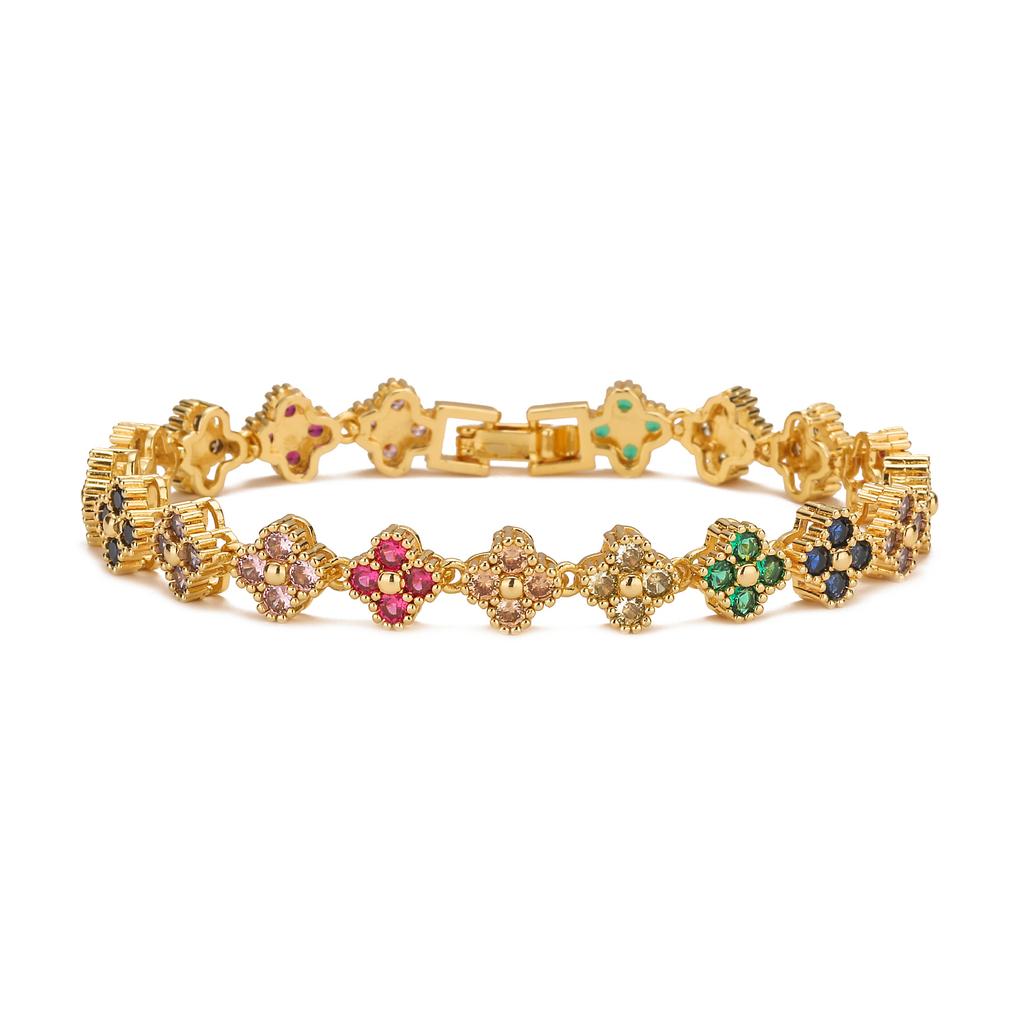 Fashion Design Luxury Jewelry 18K Gold Colorful Zircon Four Leaf Clover Bracelet Necklace Jewelry Luxury Four Leaf Clover Set