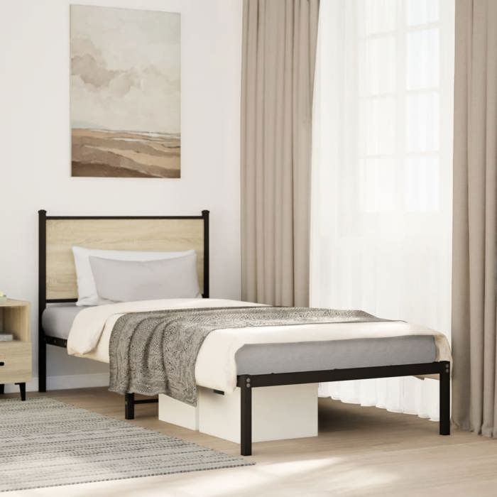 VidaXL Metal Bed Frames with Sonoma Oak Headboard 75x190 Cm, Single Bed, Bedroom Furniture, Guest Bed, 4007706