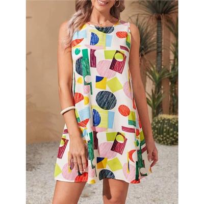 Women Sleeveless Round Neck Geometric Print Loose Dress Boho Mini Spring Summer Vacay Beach Party Lightweight Breathable Dress
