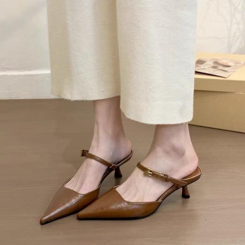 Baotou Cool Slippers Women's Thin Heel Spring and Summer New Fashion Temperament Pointed Toe Metal Buckle Mid Heel Half Drag